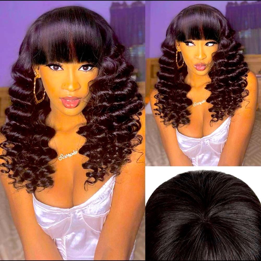 18 in Deep Wave Human Hair Wig with Bangs